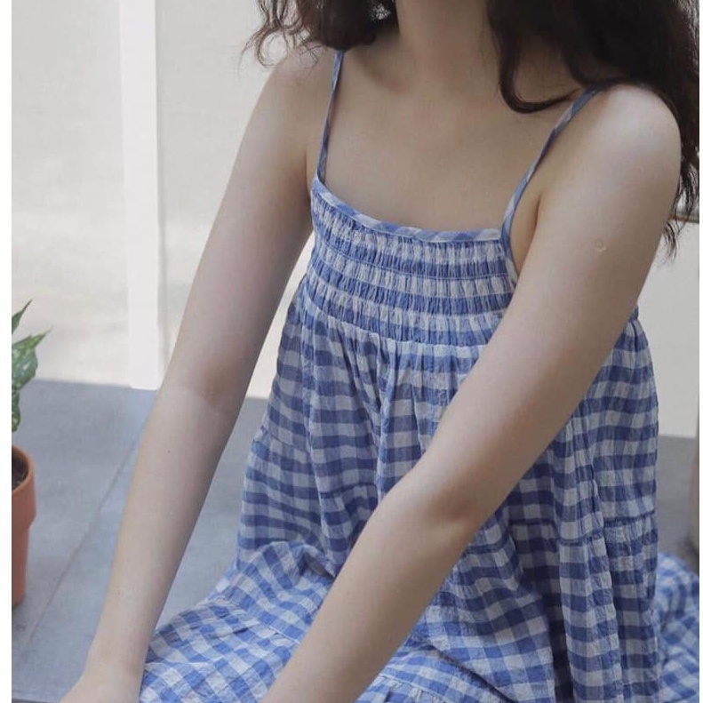 Váy hai dây kẻ caro xanh dáng babydoll phong cách tiểu thư thời trang nữ