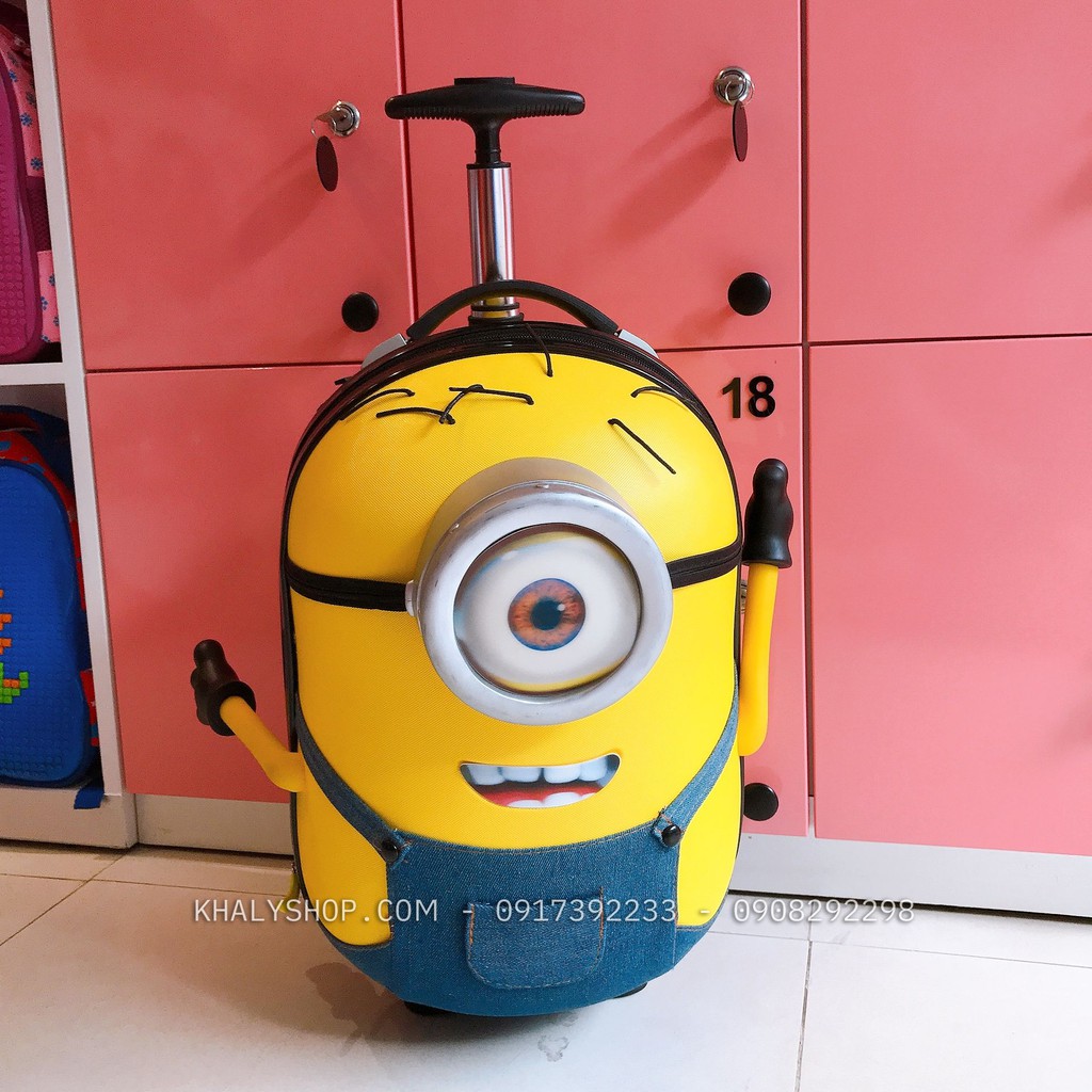 Vali kéo du lịch trẻ em hình Minions 1 mắt nổi 3D màu vàng cho các bé - (28x24x42cm) - 370-VLMI3D