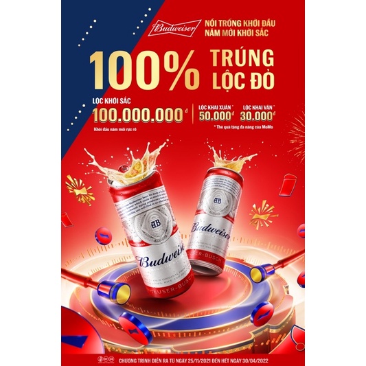 Hỏa Tốc TP Hà Nội - Thùng Bia Budweiser Mỹ 330ml/ 24 Lon Cao - Phiên bản Tết 2022