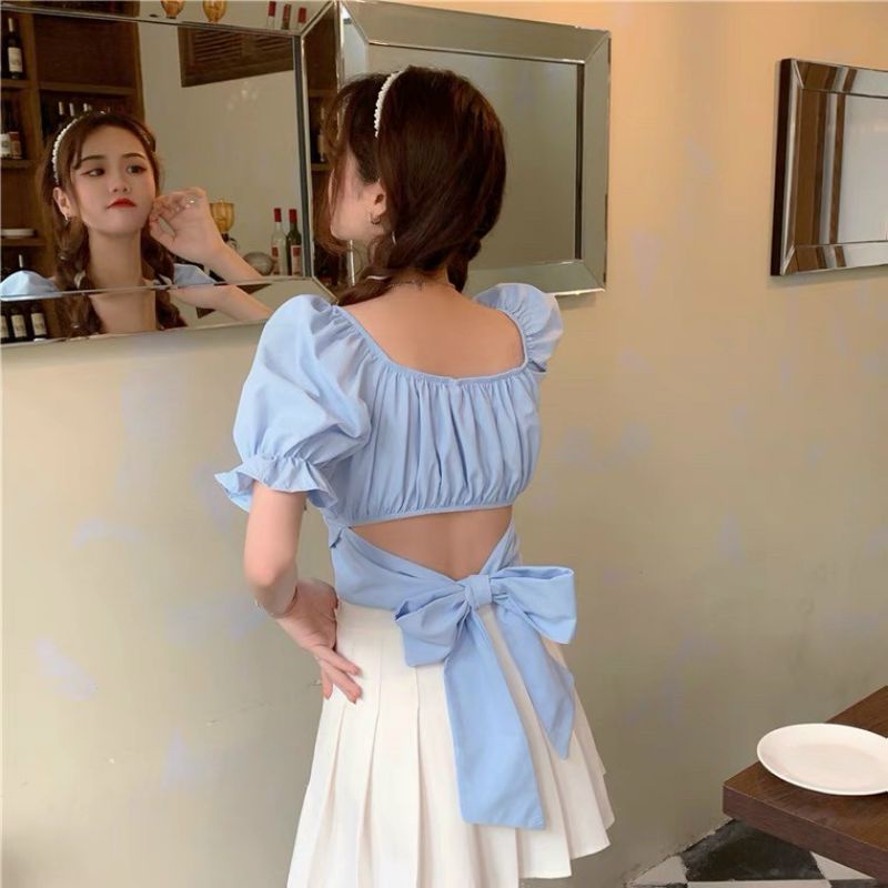 Áo Croptop Kiểu Trễ Vai Ngắn Tay Cột Nơ Sau LaCa