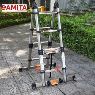 Thang Nhôm Rút Đôi chữ A INOX 316 A 6 Met 4 .3.2+3.2 cao cấp có bánh xe đai khóa chốt lưng mẫu mới 2022 độc quyền DAMITA