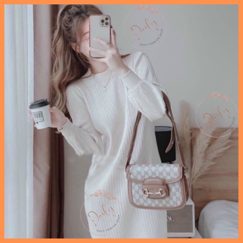 Váy Len Dài Tay Nữ Dáng Suông Tay Bồng Chất Len Gân Mềm Mịn Dày Dặn