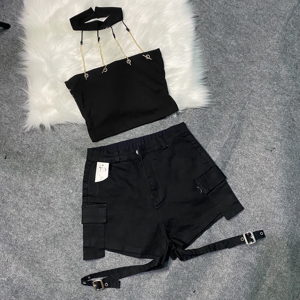 Set áo yếm choker dây xích quần short kaki đính khoen rời siêu hot - set đồ phối sẵn