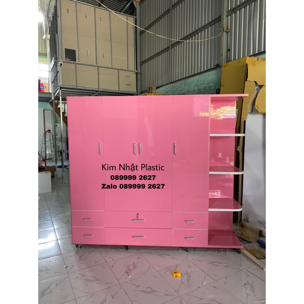 Tủ quần áo 4 cánh 1 kệ nhựa Đài Loan hồng cực đẹp FREESHIP