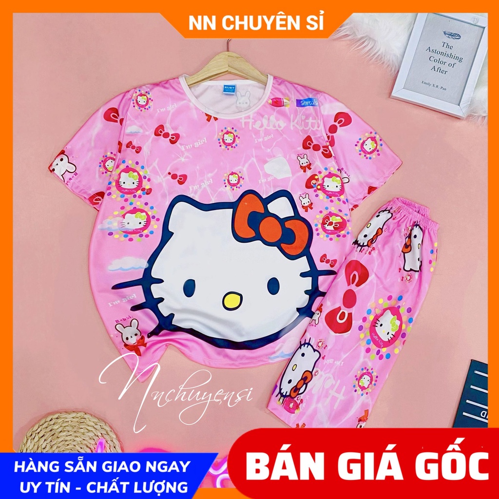 Đồ bộ thun lửng cho bé mặc nhà size đến 70kg chất thun mềm mịn in Kitty Hoạt Hình dễ thương DBRBL FULL SIZE