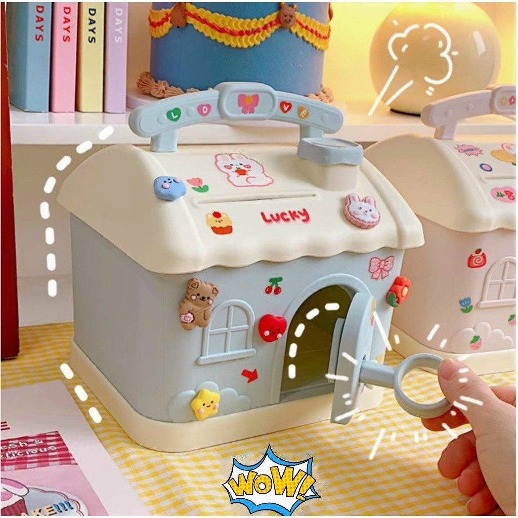 Hộp đựng tiền tiết kiệm hình ngôi nhà có khóa dễ thương kèm sticker, két sắt mini cho bé