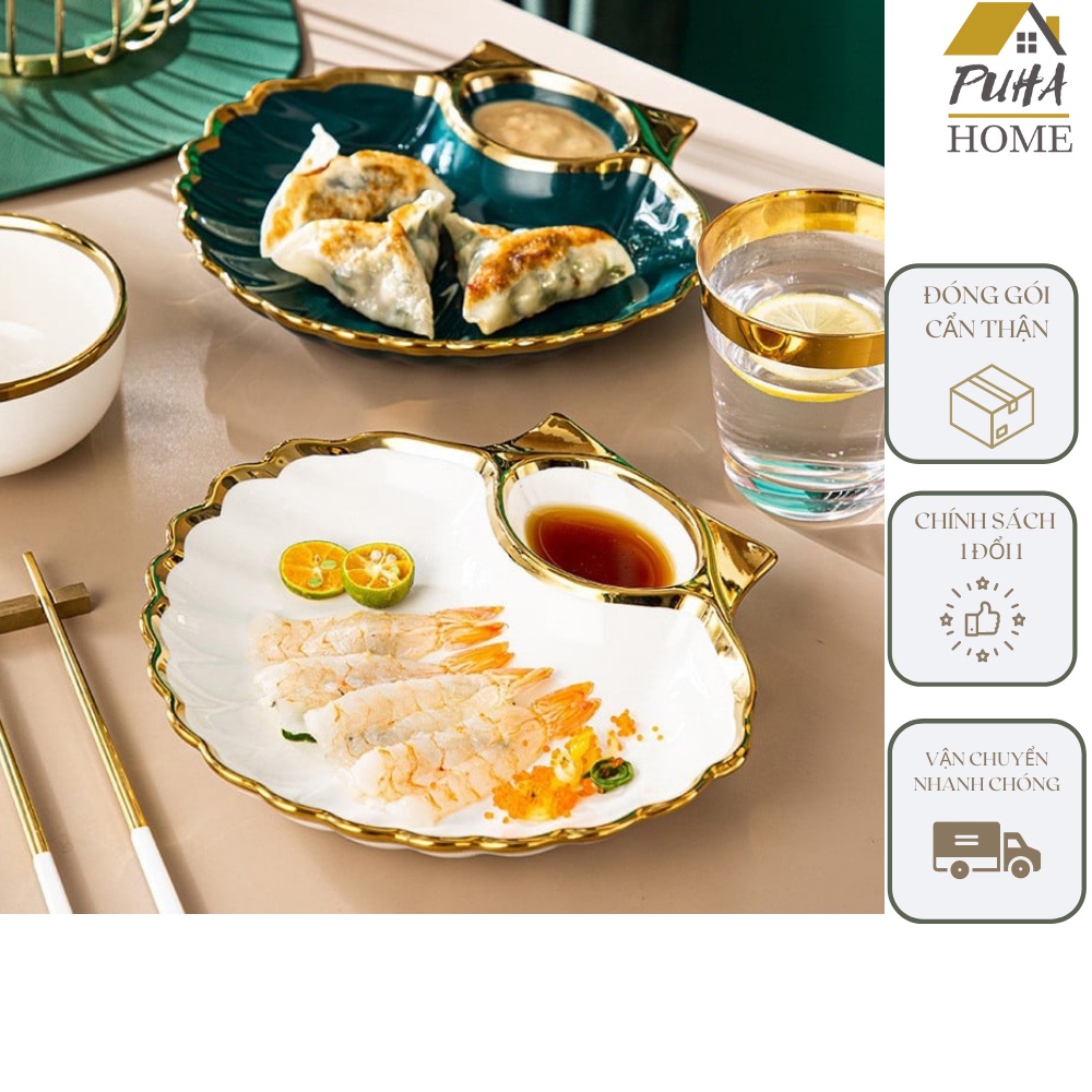 Đĩa hình sò kèm khay đựng nước chấm độc đáo hai màu xanh cổ vịt và trắng phong cách Bắc Âu