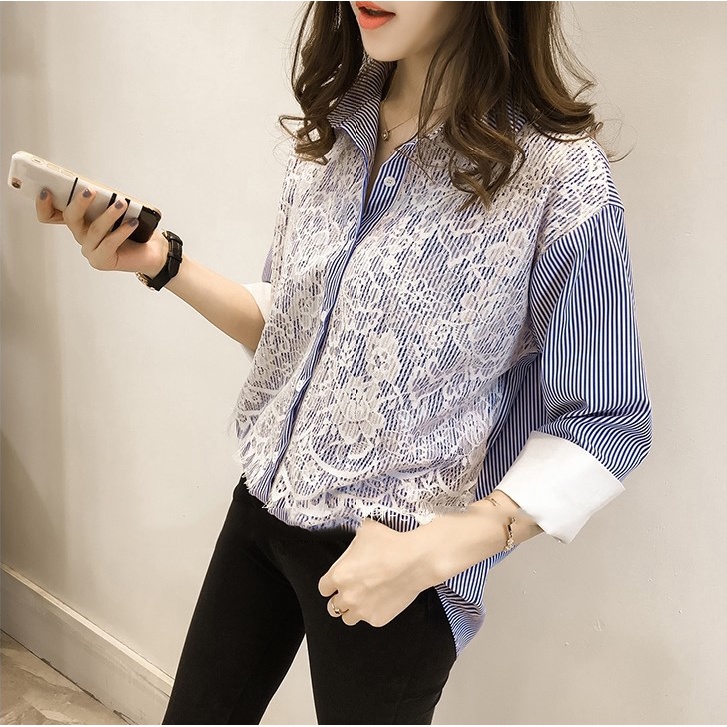 Áo sơ mi kẻ sọc phối ren - B24