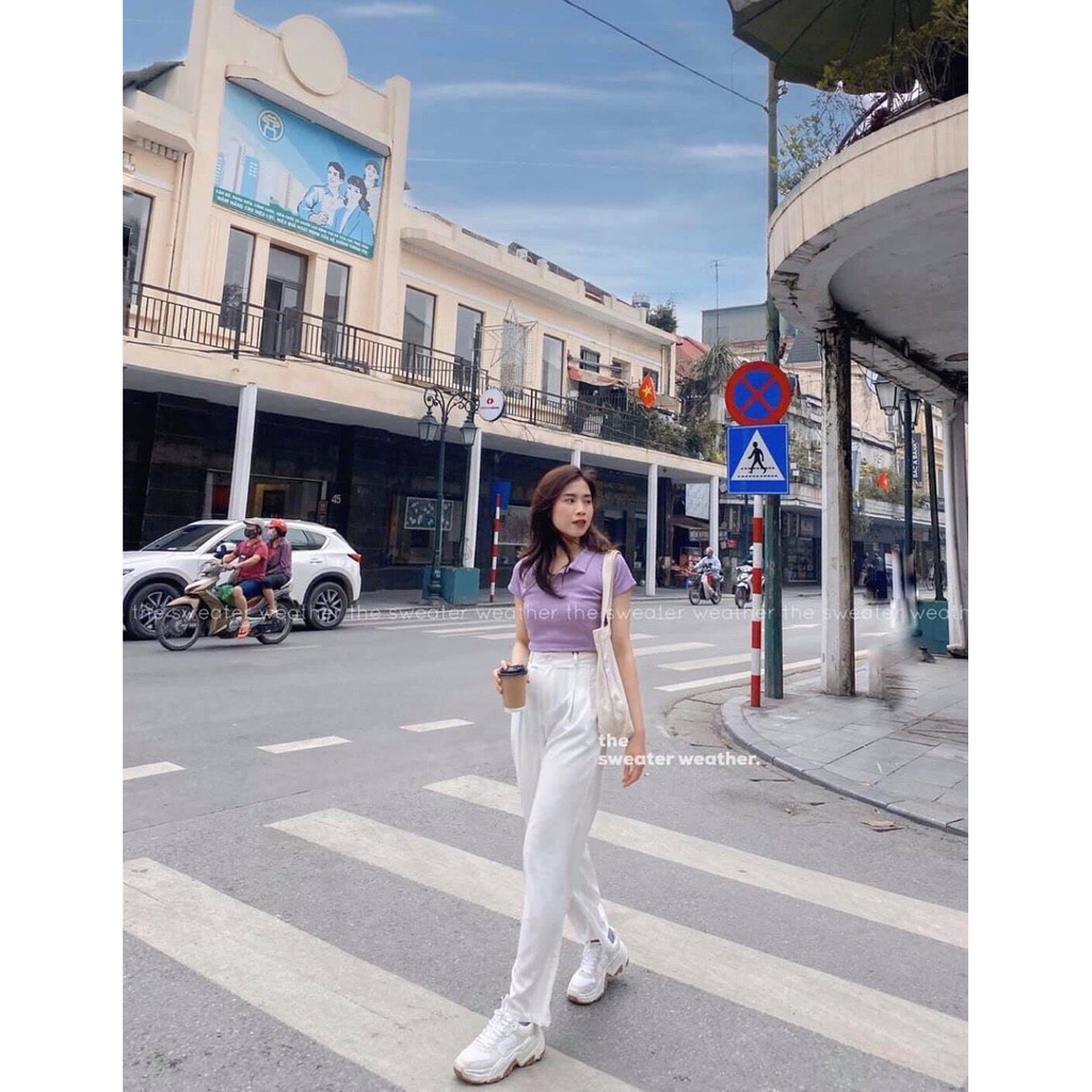 ÁO CROPTOP LEN TĂM CỔ BẺ MÀU TÍM - POLO CROPTOP ĐEN TRẮNG XÁM HOT HIT