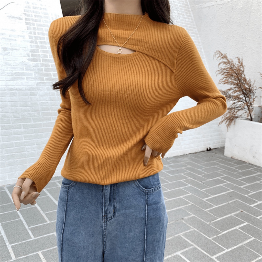 Áo len nữ Chelgy vải tăm co giãn Cổ Khoét cách điệu dài tay phong cách Hàn Quốc CG-ALCK103
