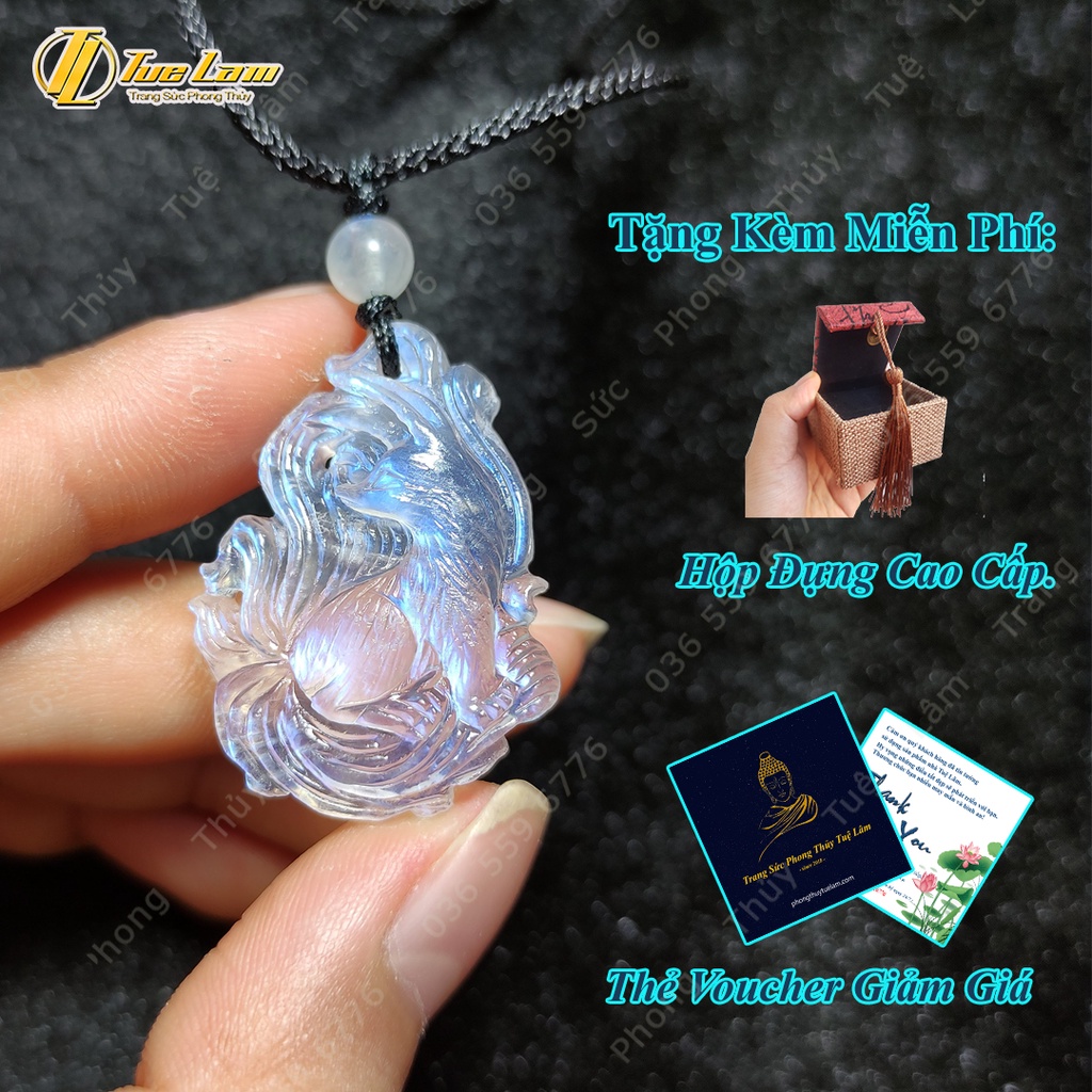 Dây chuyền mặt hồ ly chúa moonstone dáng thủng màu trắng ánh xanh hợp mệnh kim thủy - Tuệ Lâm