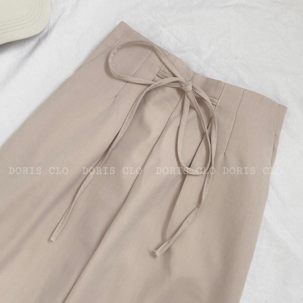 Quần suông trơn lưng cao đính nơ nữ - Culottes dây rút ống rộng vintage, thiết kế đơn giản