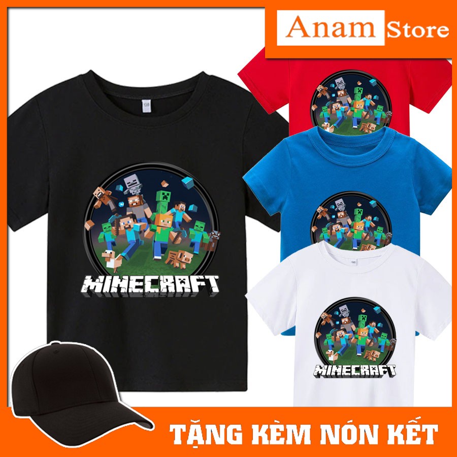 Áo thun trẻ em minecraft, có size người lớn, Tặng kèm nón kết, Anam Store