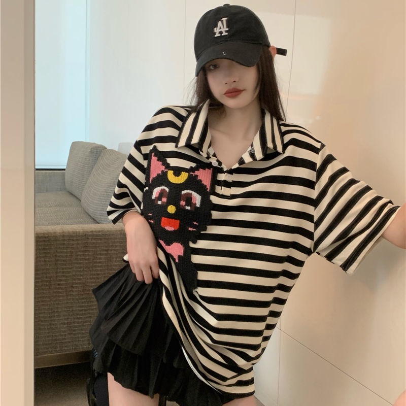 COZOK Áo polo Tay Ngắn Dáng Rộng Họa Tiết Sọc Vạch Cá Tính