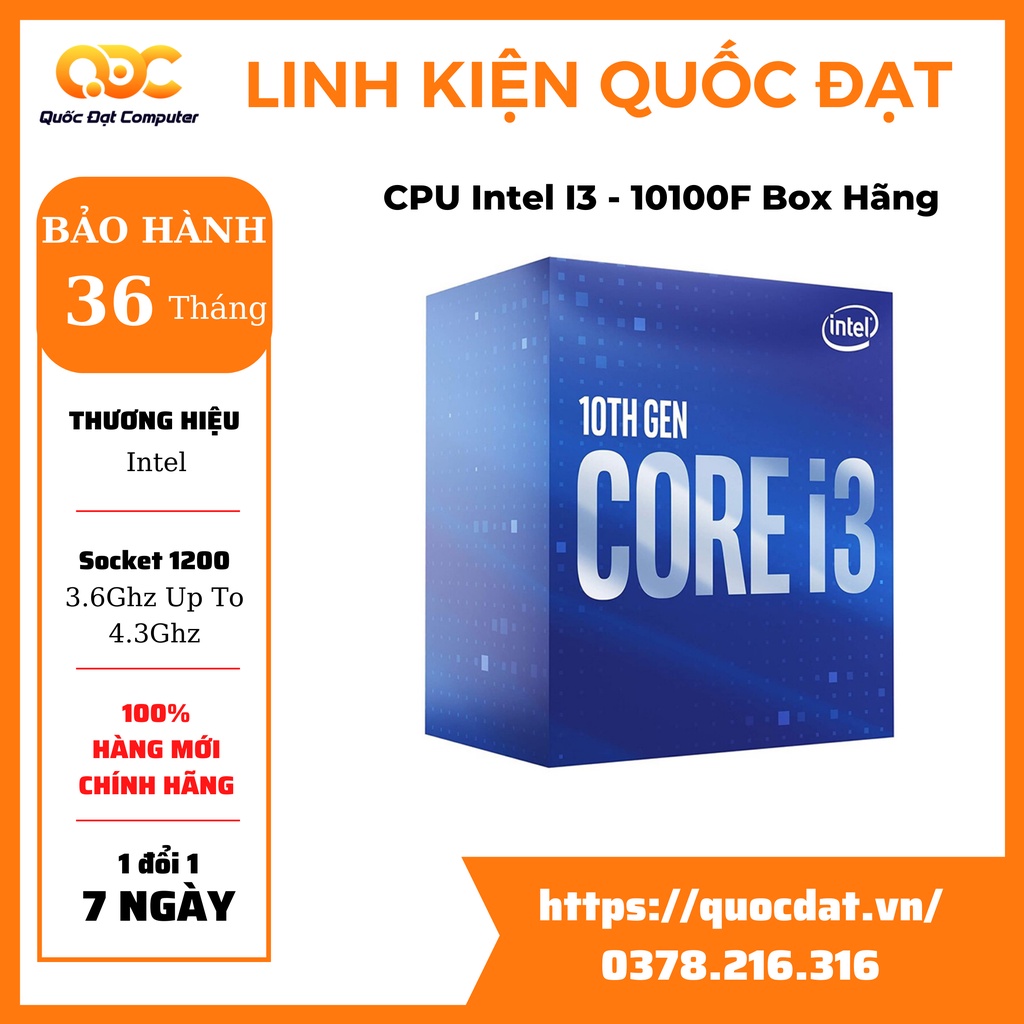 CPU Intel Core I3 - 10105F Box Hãng Bảo Hành 36 Tháng