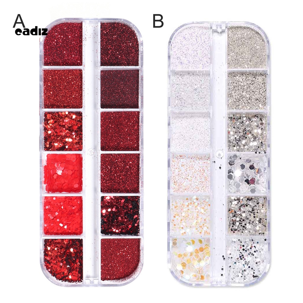 [Hàng mới về] Hộp phụ kiện kim sa trang trí móng tay nghệ thuật lấp lánh 12 ngăn phong cách năm mới