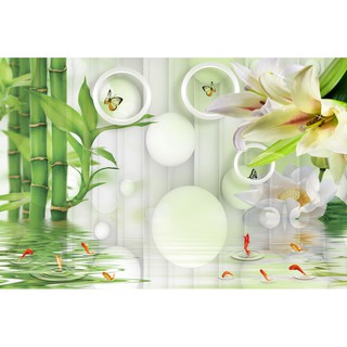 Tranh dán tường Tranh phong thủy đàn cá và hàng tre xanh, tranh dán tường 3d hiện đại (tích hợp sẵn keo)