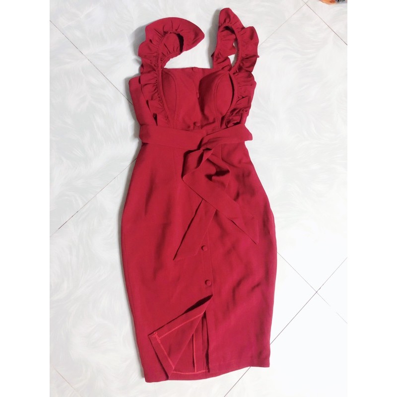 Đầm ôm body freesize màu đỏ đô có dây cột eo