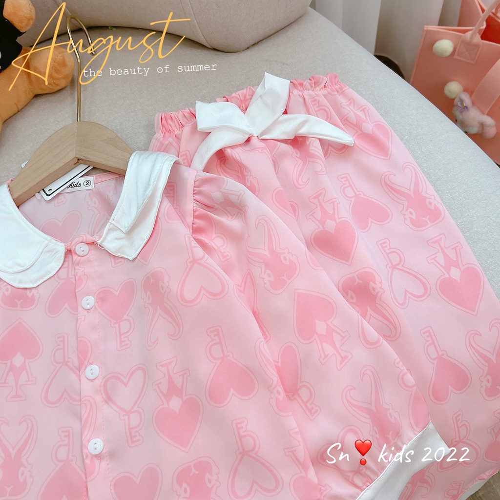 Bộ Pijama cho bé gái, pijama lụa satin cổ 2 tầng bèo nhiều hình dễ thương cho bé gái