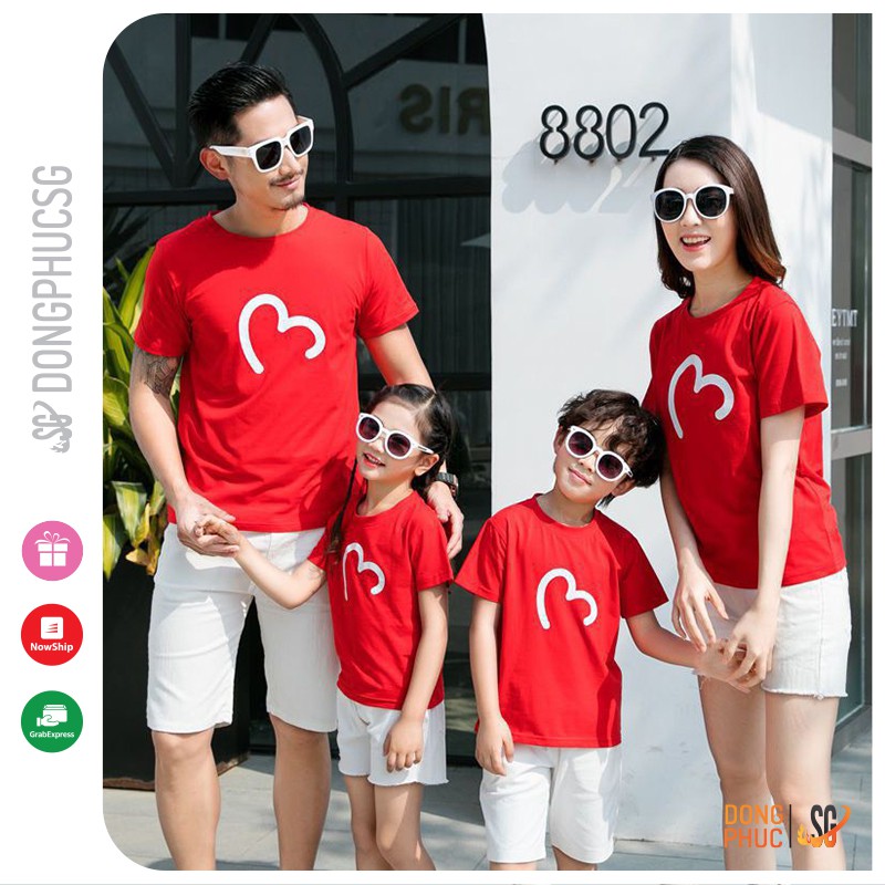 Áo gia đình màu đỏ Đồ gia đình 3/4/5 người mẫu trái tim Thun cotton dày dặn GD401D | DONGPHUCSG