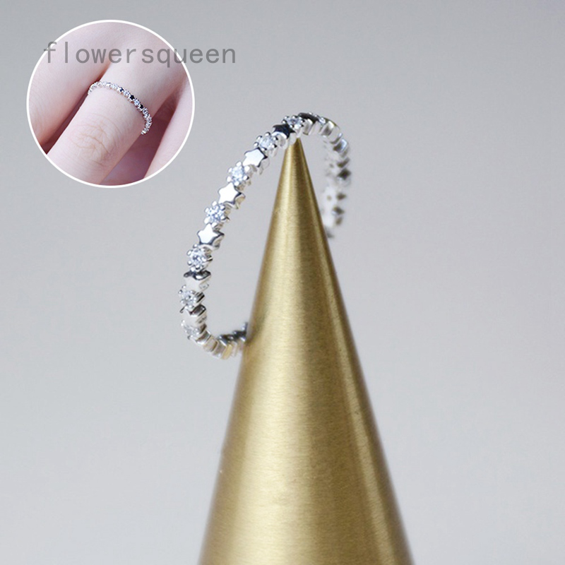 flowersqueen Nhẫn bạc dát mỏng đính đá chất lượng cao