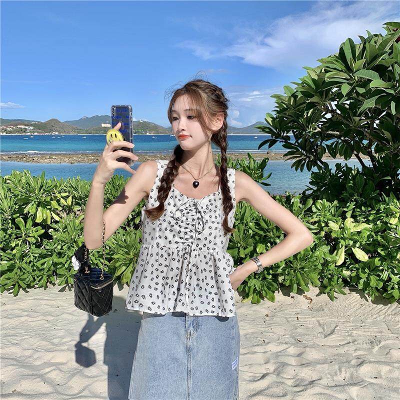 Áo Hai Dây Cổ Chữ V In Hoa Màu Xanh Lá Phong Cách Hàn Quốc Thời Trang Cho Nữ