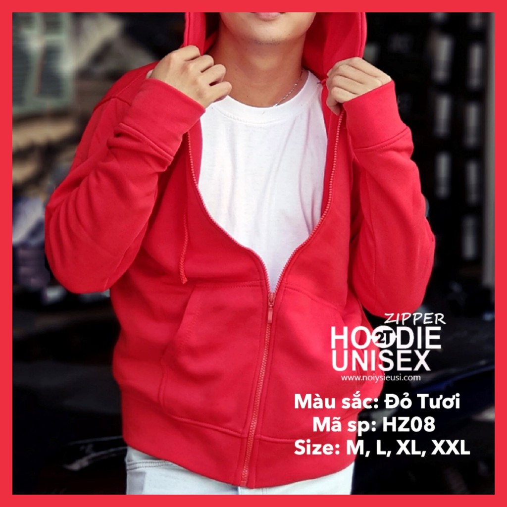 Áo hoodie zipper unisex 2T Store HZ08 màu đỏ tươi - Áo khoác nỉ dây kéo nón 2 lớp dày dặn chất lượng đẹp | BigBuy360 - bigbuy360.vn