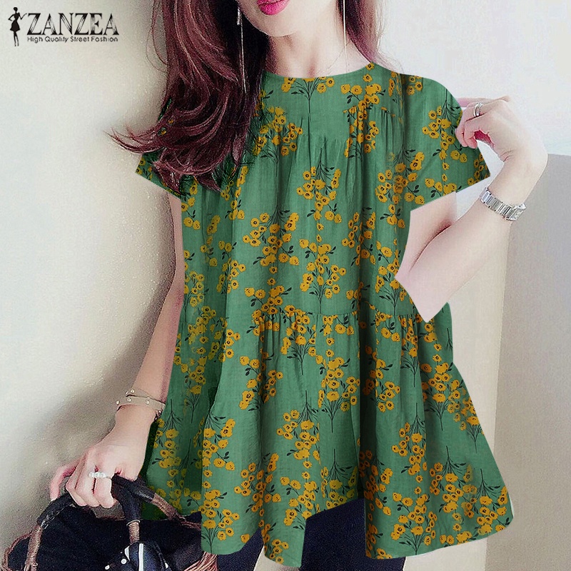 Áo Zanzea Ngắn Tay Xếp Ly Họa Tiết Hoa Cổ Tròn Đơn Giản Cho Nữ