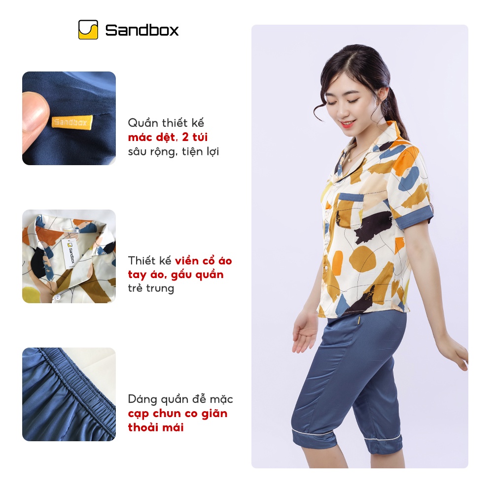Bộ Pijama Nữ SANDBOX Chất Lụa Satin Nhật Cao Cấp Áo Cộc Tay Quần Lửng Họa Tiết Độc Đáo BLL22002