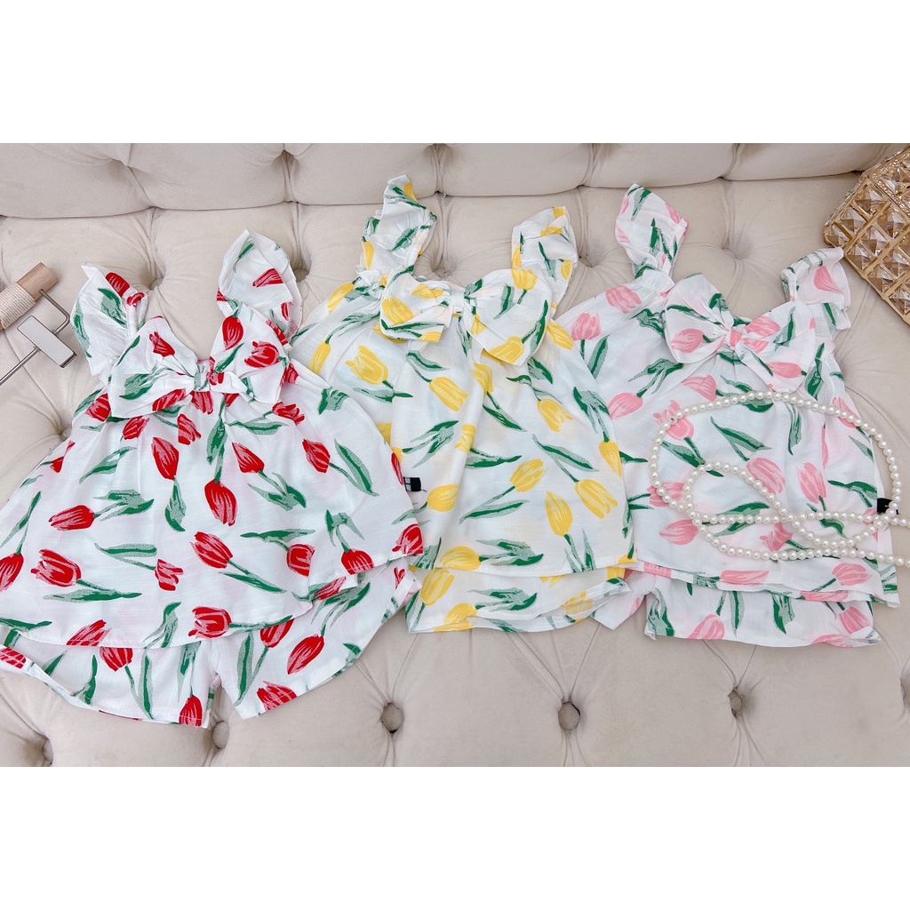 XẢ HÀNG Bộ cộc tay bé gái, bộ đũi áo cánh tiên hoa Tuylip nơ trước ngực cho bé