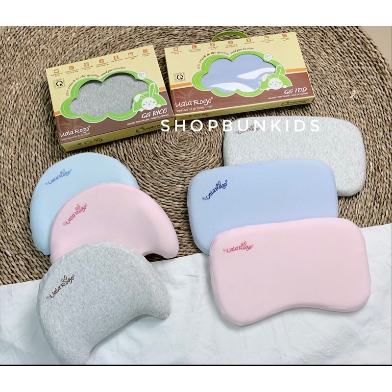 [Chính Hãng Ualarogo] Việt Nam] Gối sơ sinh UALA &amp; ROGO TOD và RICO cao su nhớ Memory Foam có lõm chống bẹp đầu