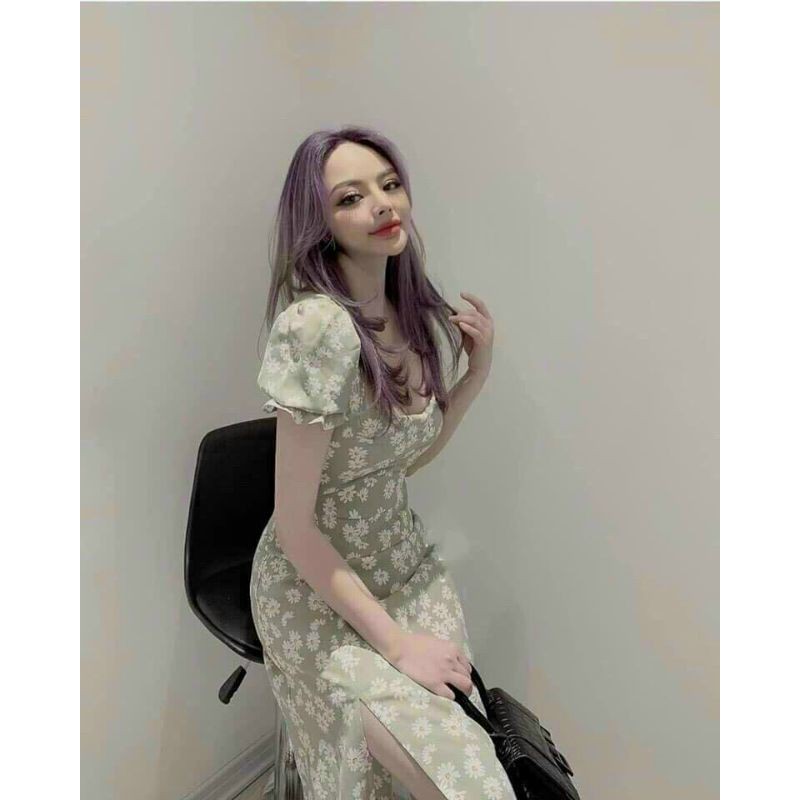 Đầm maxi hoa cúc họa mi tay phồng, dáng dài xẻ tà | BigBuy360 - bigbuy360.vn