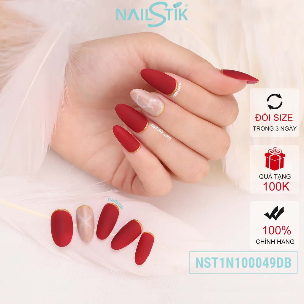 Móng úp thiết kế by NAILSTIK, màu đỏ, form móng bầu, ngắn/dài, 049