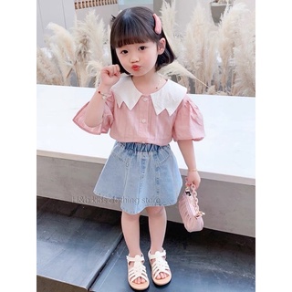 Xả Set áo Smi đũi ren cv jean bé gái