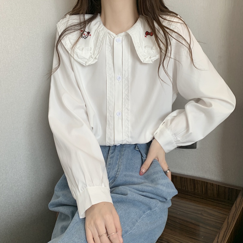 SUXI Áo Sơ Mi Tay Dài Dáng Rộng Cổ Búp Bê Màu Sắc Ngọt Ngào Xinh Xắn