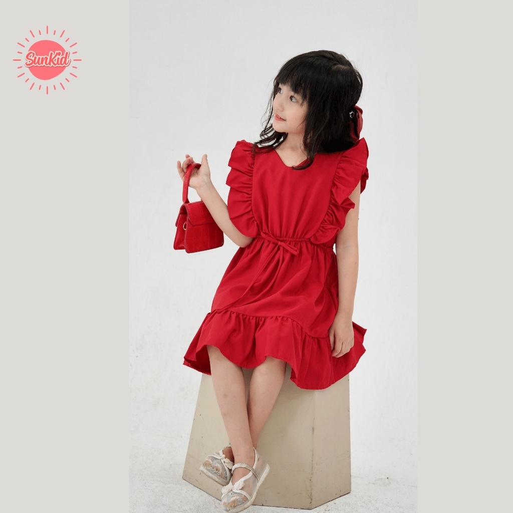 Váy bé gái dáng tay lơi kèm chun eo vải trượt nhật cao cấp mùa hè Sunkid SN11 màu đỏ size trẻ em 4-12 tuổi