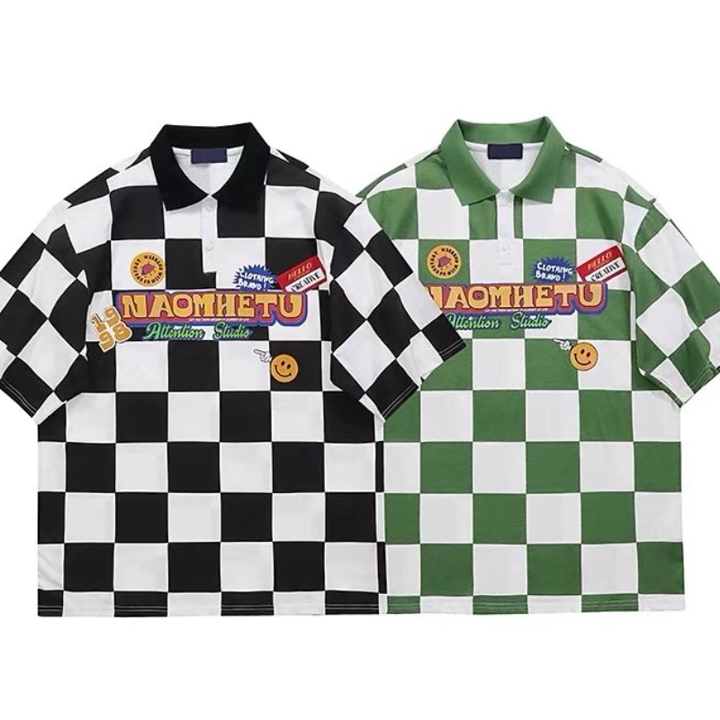 Áo polo Tay Ngắn Dáng Rộng Thêu Họa Tiết Bàn Cờ Mỹ Thời Trang Mùa Hè Cho Nam Size M-2XL
