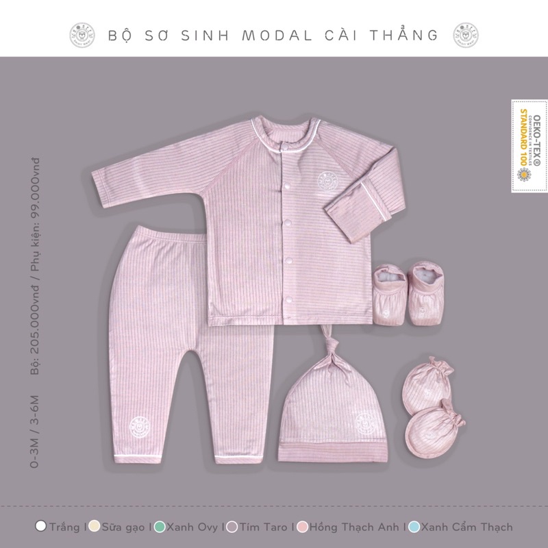 HRNEE chính hãng -  Bộ sơ sinh cài thẳng sợi modal gỗ sồi size 0-3M, 3-6M
