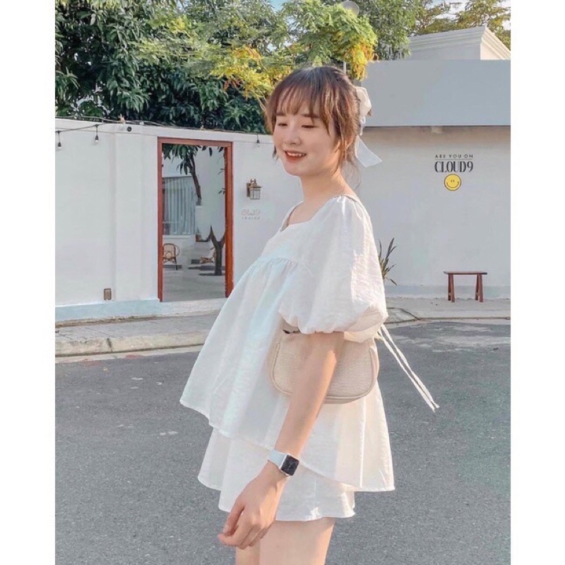 Set Đũi Babydoll Tiểu Thư Ulzzang🦋 BỘ Áo Trắng Kèm Quần Short Nữ Buộc Nơ Dây Sau🦋