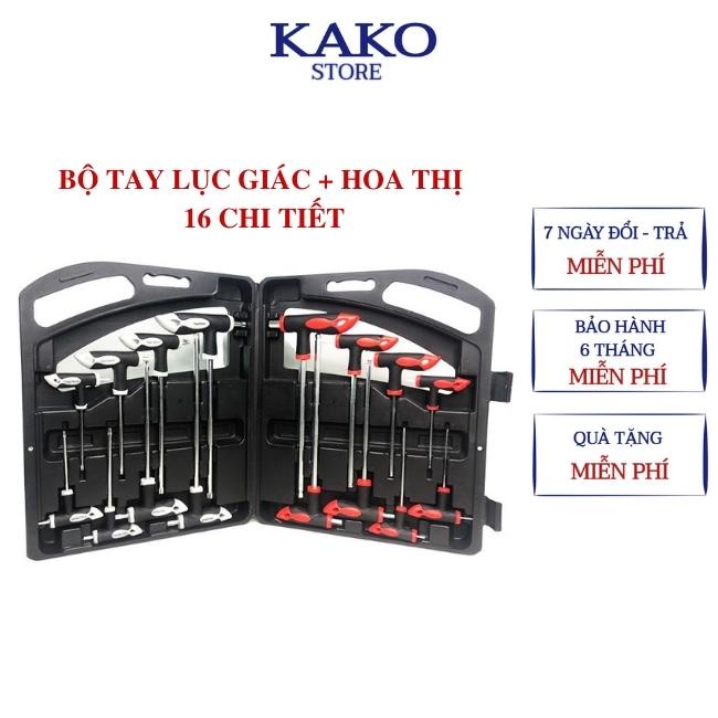 Lục giác bông KAKO , bộ lục giác và hoa thị 16 chi tiết cao cấp, tay chữ T