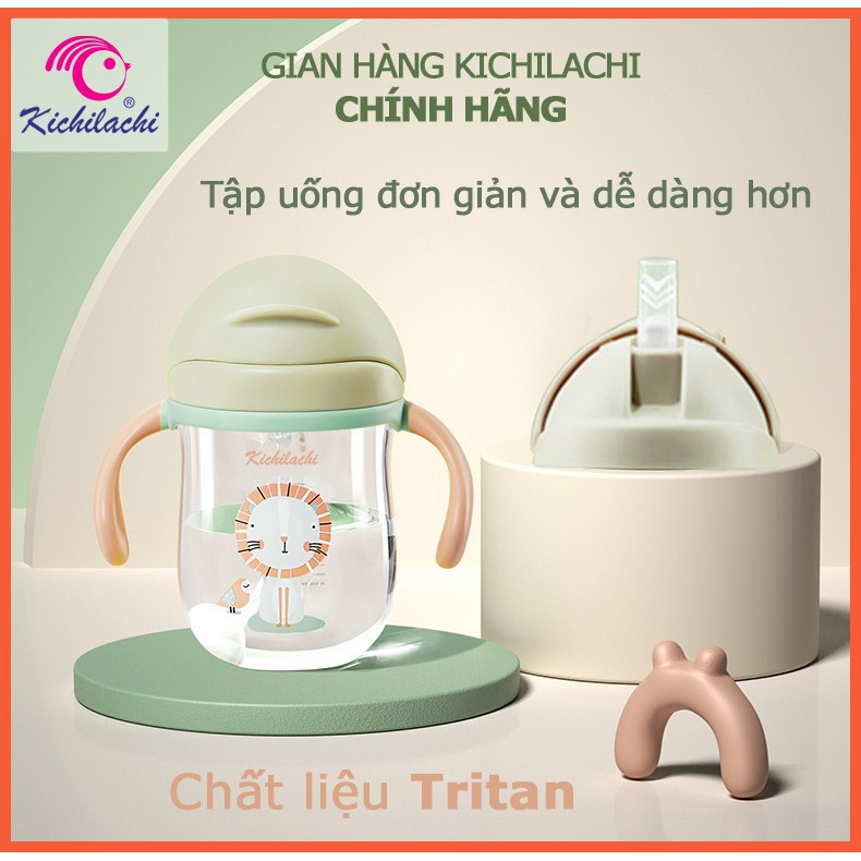Bình tập uống nước chống sặc Kichilachi 220ml, Nhựa an toàn Tritan Cho bé từ 6 tháng, có ống hút