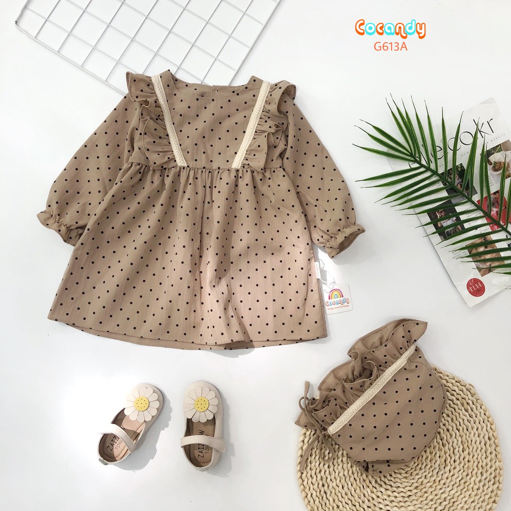 Váy babydoll chất đũi xước họa tiết chấm bi kèm mũ hoặc turban cho bé của COCANDY mã G613A