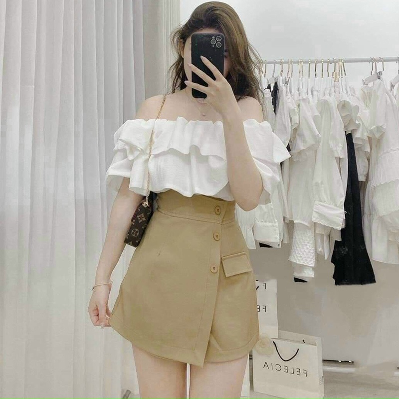 Set bộ nữ áo trễ vai nhún bèo 2 tầng kèm quần giả váy chất umi phối nhung onesize dưới 55kg đi chơi đi làm dự tiệc C707