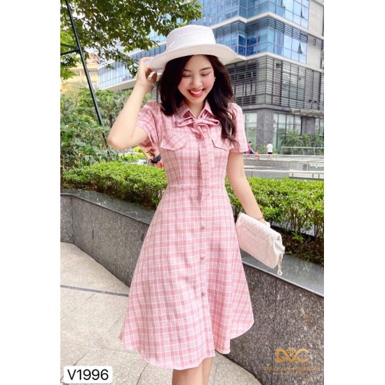 Váy hồng kẻ cổ vest sale 50% v100