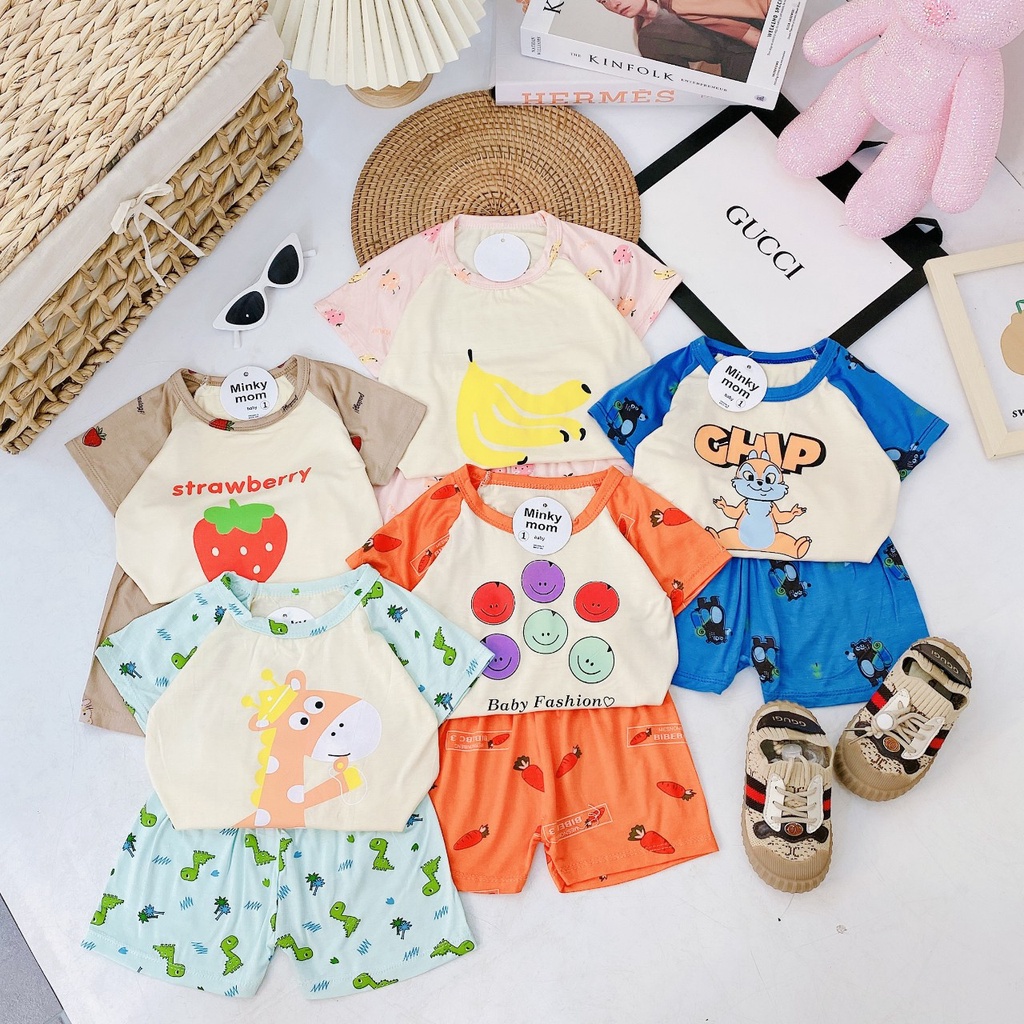 Quần áo trẻ em bộ côc tay thun lạnh, bô MINKY MOM cho bé trai bé gái phối tay giáp lăng BABY KIDSHOP
