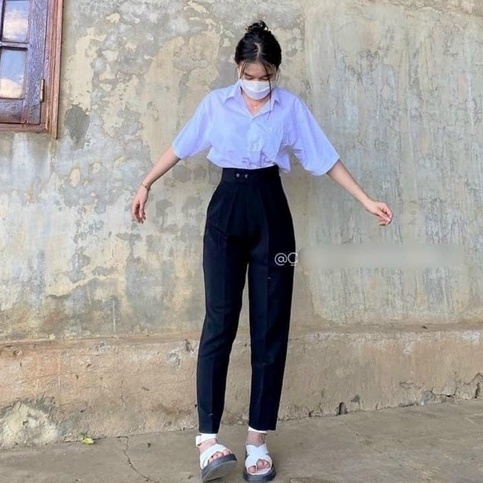 Quần tây nữ đi học lưng cao dáng dài màu đen ống đứng đáy cao kiểu Quần baggy nữ công sở 2 khuy cúc lệch vải dày dặn mềm