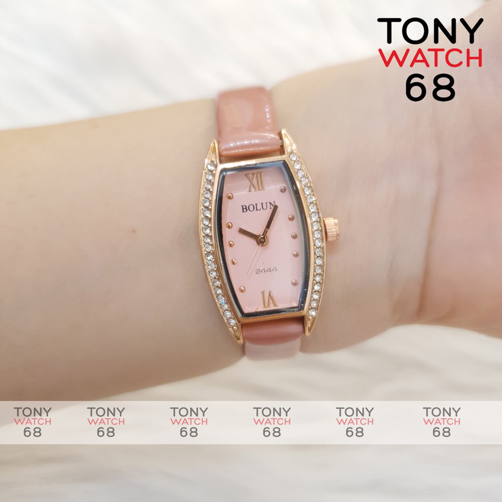 Đồng hồ đeo tay nữ chính hãng Bolun dây da đẹp số mặt nhỏ bầu dục đính đá