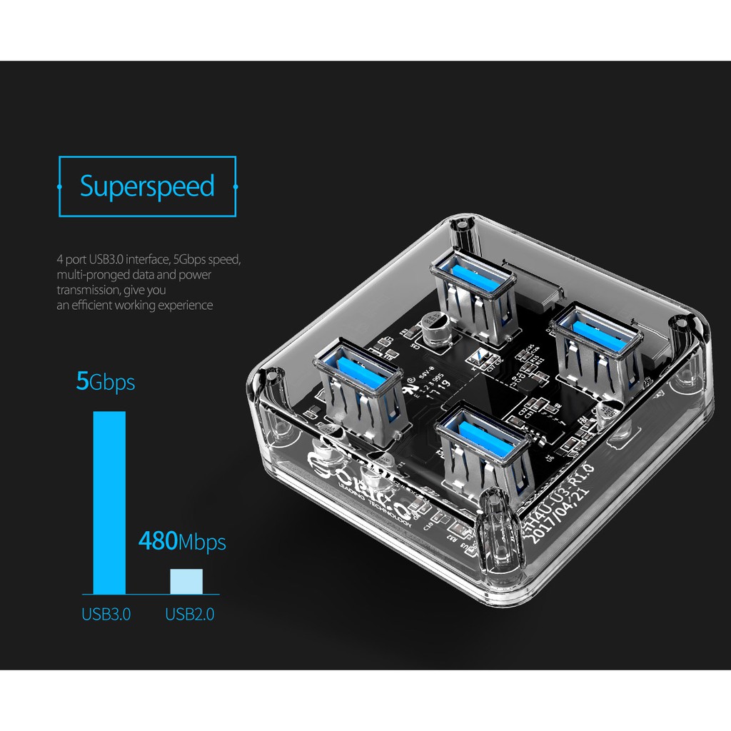 Bộ chia USB Hub 4 cổng 3.0 trong suốt Orico MH4U-U3 - Hàng Chính Hãng Bảo Hành Đổi Mới 1 Năm