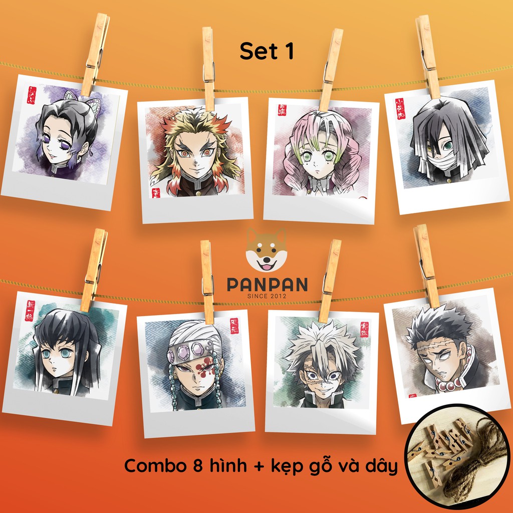 Combo 8 ảnh card lomo polaroid trang trí Anime Kimetsu no Yaiba (tặng kèm dây và kẹp)