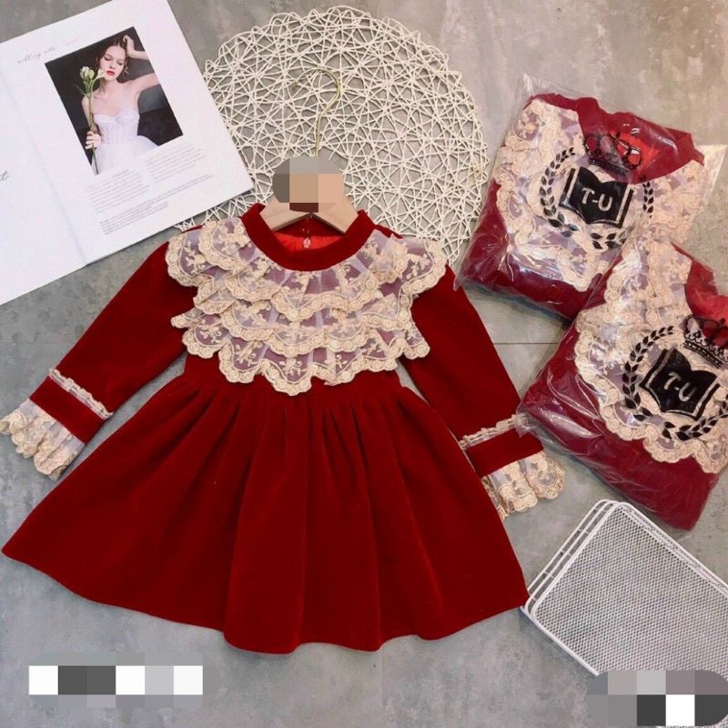 váy nhung cao cấp cổ ren cho bé gái 8-16kg